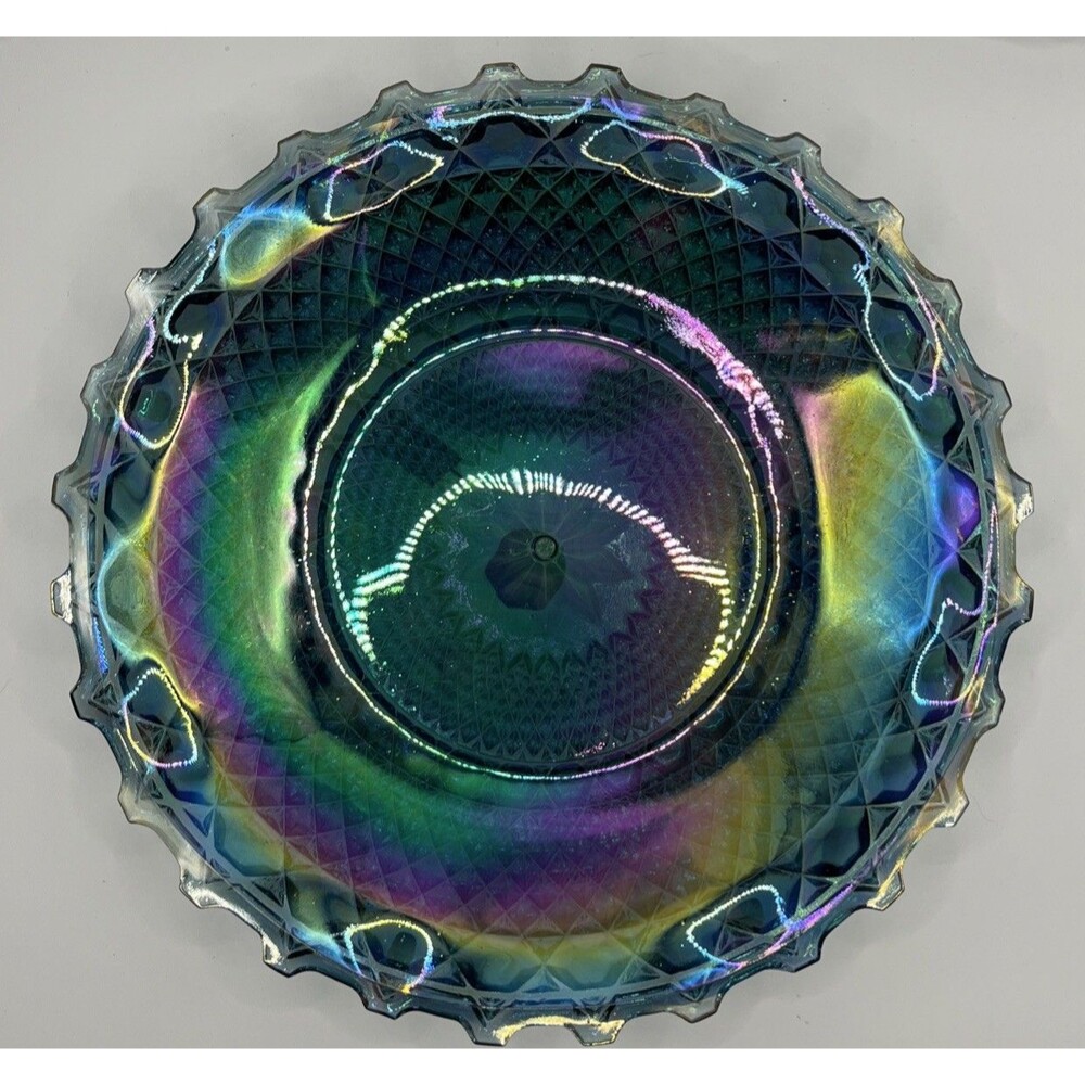 Vintage Indiana Glass Blue Iridescent Carnival Diamond Cut Ruffled Plate 10" - Picture 1 of 7